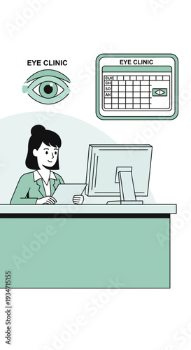 Eye Clinic Illustration Featuring Patient Services and Appointment Scheduling, Healthcare Focus