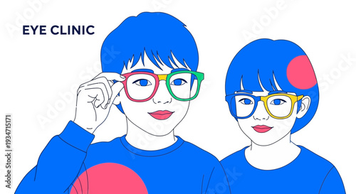 Eye Clinic Illustration Featuring Two Stylish Children Wearing Colorful Eyeglasses with Modern