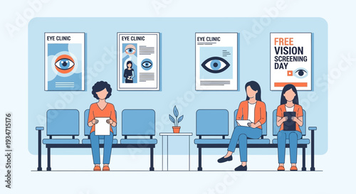 Eye Clinic Illustration Featuring Patients Waiting, Free Vision Day Posters, And Modern Design