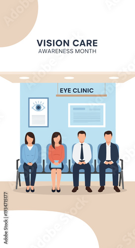 Eye Clinic Illustration Featuring Patients Waiting for Vision Assessment During Awareness Month