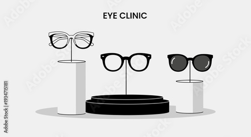 Eye Clinic Illustration: Glasses Display In Black And White For Vision Care And Eye Health