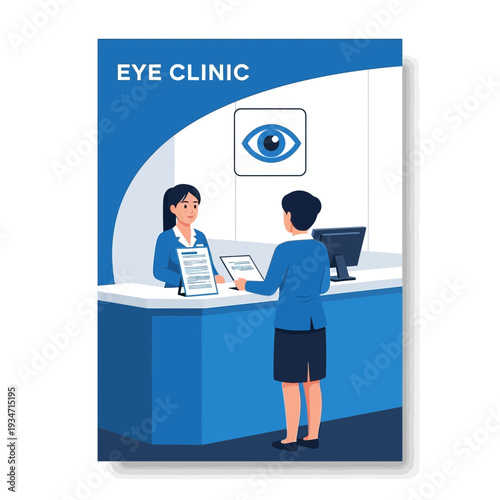 Eye Clinic Illustration: Patient Interaction with Receptionist at Optometry Office