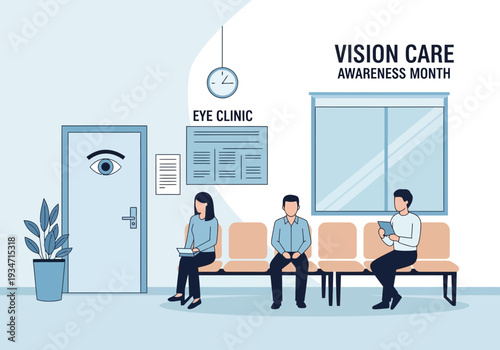Eye Clinic Illustration Showcasing Vision Care Awareness Month with Patients Waiting for