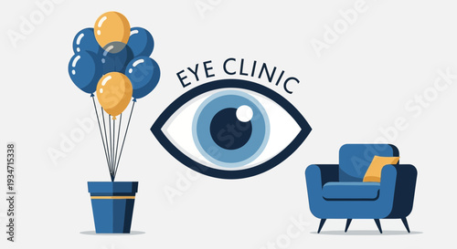 Eye Clinic Illustration With Balloons, Chair, And A Vision Theme Presentation Design