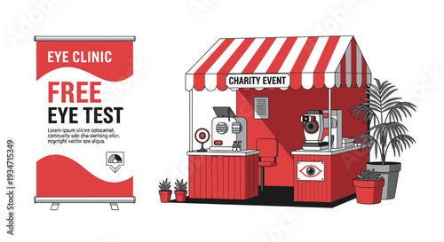 Eye Clinic Illustration, Free Eye Tests, Charity Event Design, Modern Red Stand With Equipment