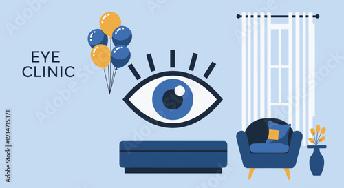 Eye Clinic Interior Illustration with Balloons and Eye Symbol on a Blue Background
