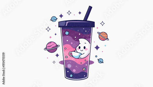Cute tumbler vector illustration featuring a whimsical galaxy tea party scene