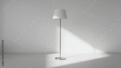 Minimalist white floor lamp with metallic stand and shade, casting a light shadow