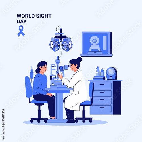 Eye Doctor Examining Patient's Vision During World Sight Day Celebration, Modern Illustration