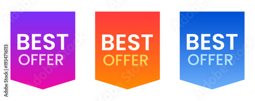 Vibrant best offer label banners featuring purple orange and blue gradients