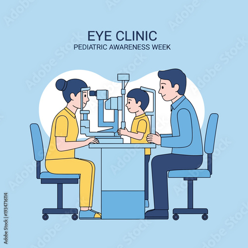Eye Examination Illustration Featuring a Pediatric Patient and Parent at Eye Clinic