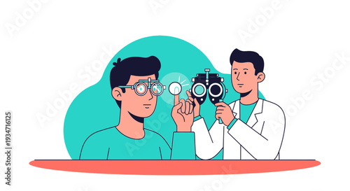 Eye Examination By Optometrist: Vision Checkup And Corrective Eyewear Examination Illustration