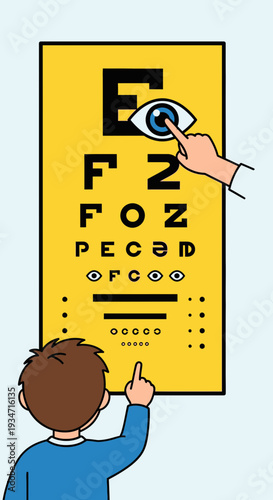 Eye Examination Chart Featuring a Young Patient and Healthcare Professional Assessing Vision
