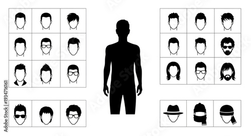 Silhouette of a man surrounded by various facial icons representing diversity.