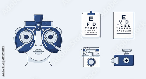 Eye Examination Illustration Featuring Medical Equipment and Eye Charts for Vision Tests