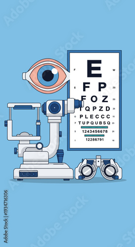 Eye Examination Equipment Depiction Against A Blue Background Reflecting Visual Health And Care