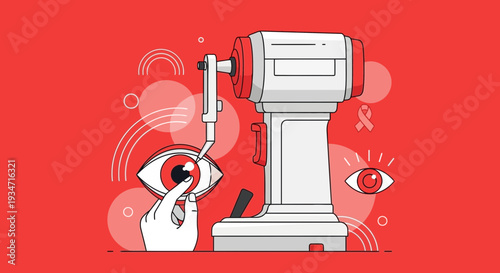 Eye Examination Illustration Showing Ophthalmology Tools and the Eye in a Bright Red Tone
