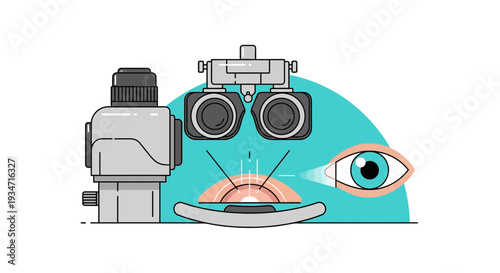 Eye Examination Illustration Showing Optometric Instruments and Diagrammatic Ocular Structure