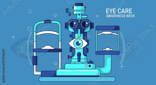 Eye Examination Equipment for Health Awareness Week, Promoting Vision Care on a Blue Backdrop