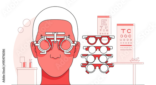 Eye Examination Illustration Showing Trial Frame with Eye Chart and Eyeglasses Vector