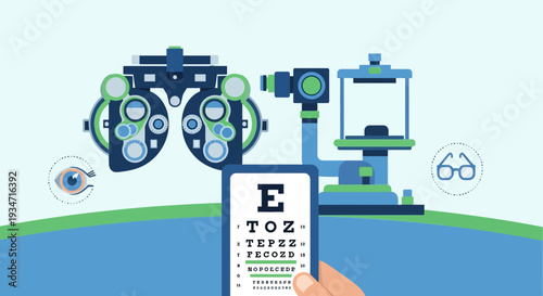 Eye Examination Illustration Showing Optometry Tools and Vision Testing Chart, Artistic Rendering