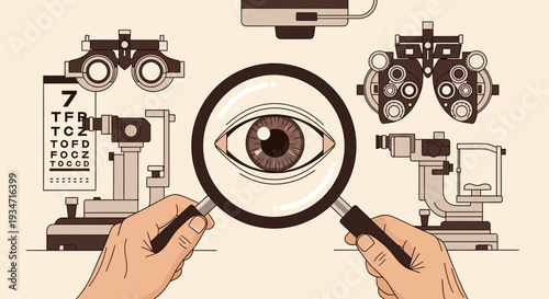 Eye Examination Illustration Showing Vision Instruments and Eyeball Focus with Magnifying Glass