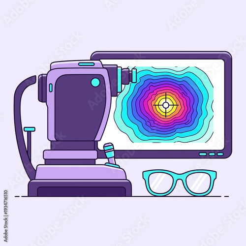 Eye Examination Instrument Displaying Detailed Retina Analysis and Prescription Eyeglasses