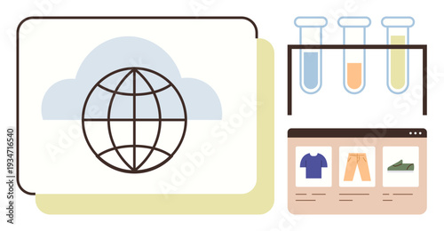 Technology, global trade, data analysis, e-commerce, science, cloud services. Globe and cloud next to test tubes and a shopping interface. Technology and global trade concept