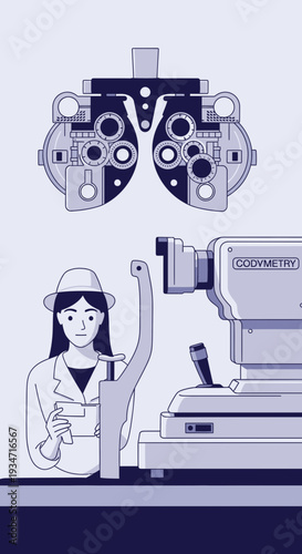 Eye Examination Illustration: A Medical Professional Examining Vision with Specialized Equipment