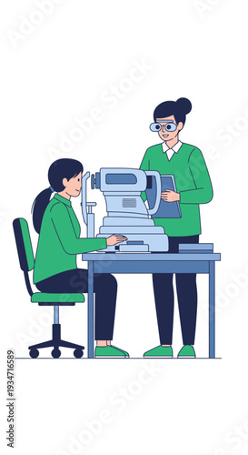 Eye Examination Procedure Depicted With Doctor Using Modern Equipment And Assisting Patient