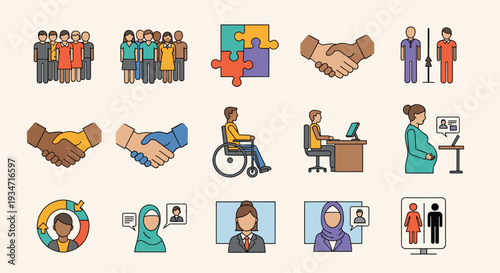 Diverse group of people with disabilities and support workers in various settings and activities, Generative AI.