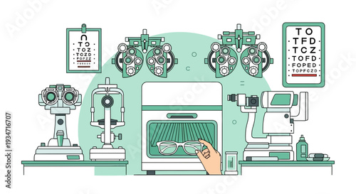 Eye Examination Tools and Devices Illustration in Flat Line Art Style Design