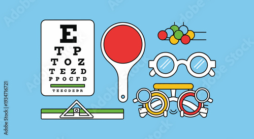 Eye Examination Tools and Devices Illustration Over Blue Background Medical Vision Concepts