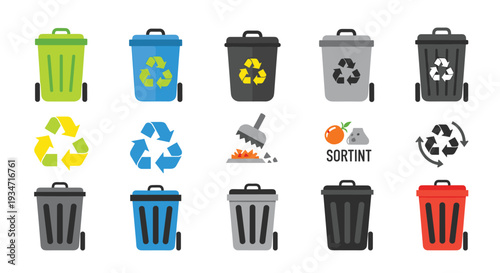 A set of colorful recycling trash cans and waste management icons on for sorting and organization, Generative AI.
