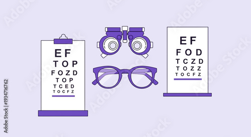 Eye Examination Tools Depicted With Vision Chart And Spectacles On A Purple Backdrop