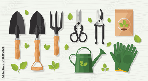 A collection of gardening tools and accessories on a light gray background including a trowel fork pruners gloves and seeds, Generative AI.