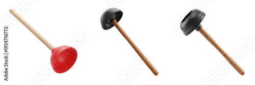 Photos Set and collection heavy duty toilet plungers with wooden handles and rubber suc