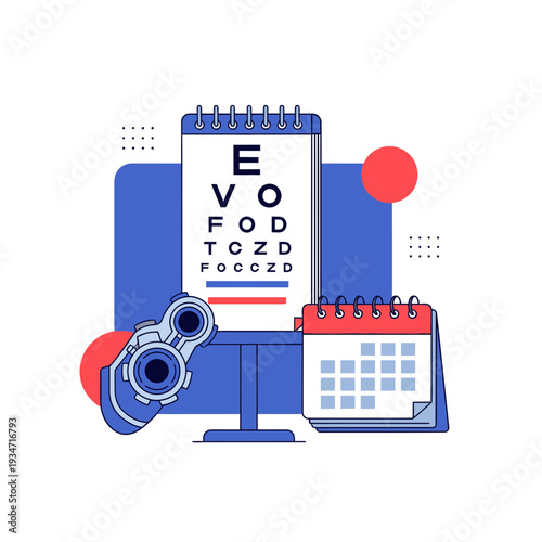 Eye Examination Visual Acuity Chart Binoculars and Calendar Representing Eye Care Services