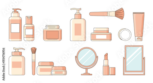 Collection of various makeup products and beauty tools, Generative AI.