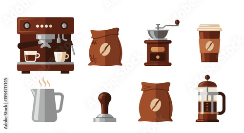 Collection of coffee maker machine coffee beans bag grinder cup milk jug and other coffee related items, Generative AI.