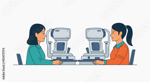 Eye Exams Depicted: Two Women Receiving Comprehensive Vision Assessments at Optometrist Clinic