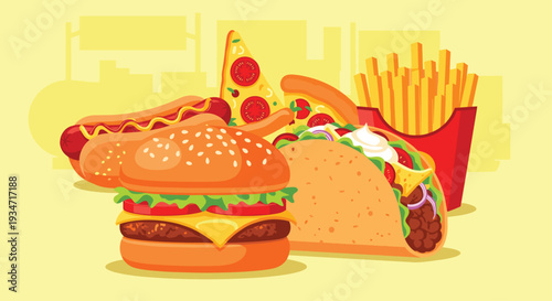 Colorful illustration of a hamburger hot dog taco and french fries on a yellow background representing fast food and junk food, Generative AI.