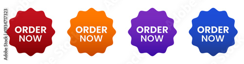 starburst stickers for order now promotion with red, orange, purple and blue gradients