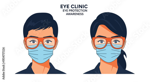 Eye Protection Awareness: Illustration of Masked Individuals with Glasses for Clinic Advertising