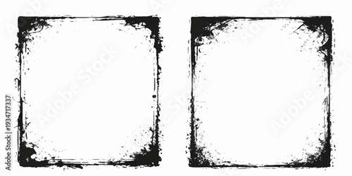 A set of grunge frames featuring black ink splatters and rough paint textures creates a vintage dirty border design for artistic paper illustrations