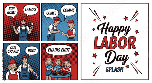Labor day celebration illustration with comic strip men working together and happy labor day splash text surrounded by stars and brushes