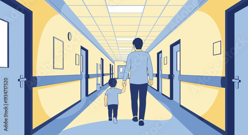 Father and Son Walking Down a Hospital Corridor in Flat Illustrative Style