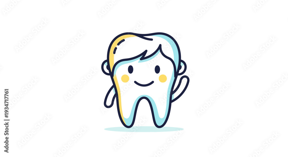Obraz premium Friendly Cartoon Tooth Illustration Smiling and Waving with Optimistic Dental Health Theme
