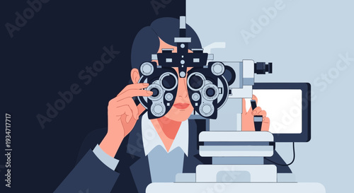 Eyesight Examination: Optometrist Checking Vision With Phoropter In Modern Illustration