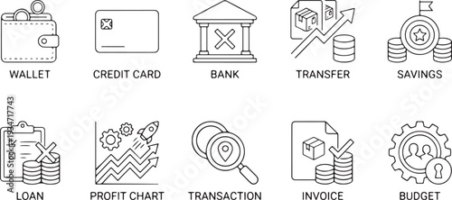 Finance and banking icons set thin line flat design vector illustration scalable graphic